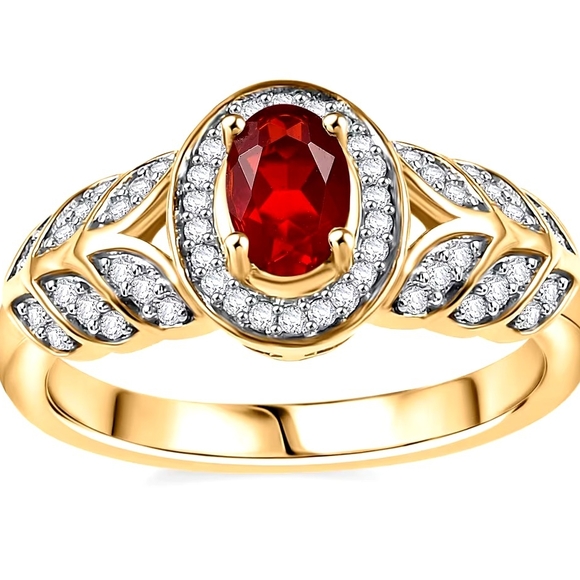 Elegant Mexican Cherry Fire Opal W/Moissanite Halo in 18K Vermeil Over SS - Picture 1 of 5